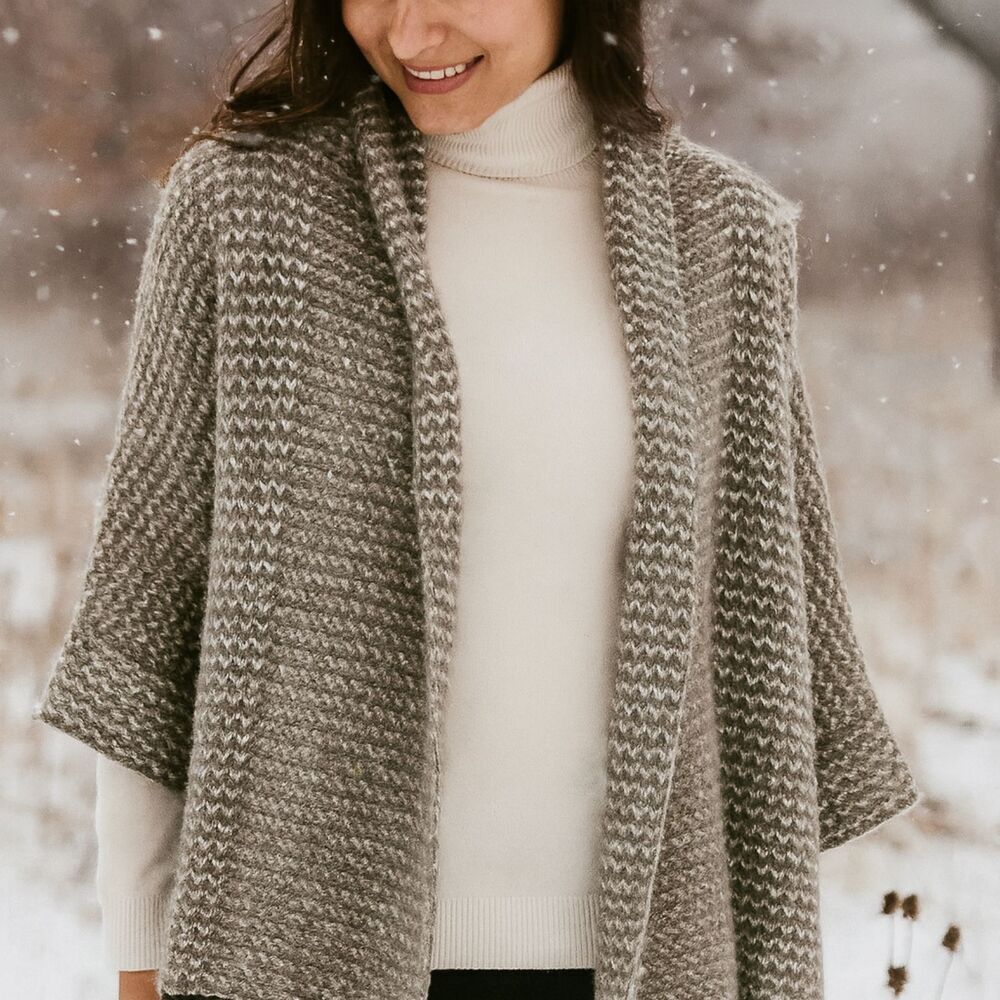 WARM Italian Alpaca Open Front Cardigan Sweater S Brown White Fleck Shawl Collar